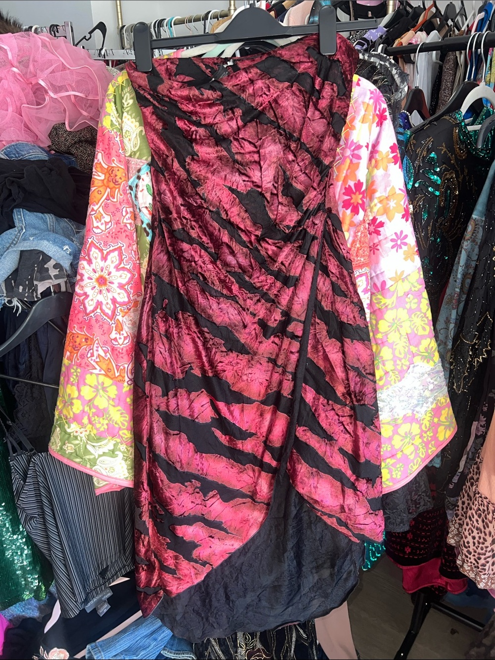 Y2K asymmetrical velvet burnout strapless Zebra-Print Dress
